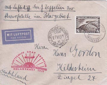Duitse Rijk 1931 - LZ 127 Graf Zeppelin, 4 RM op brief voor, Gestempeld