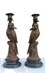 sculptuur, papagaaien kandelaars - 31 cm - brons marmer