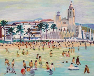 Jordi Curós Ventura (1930-2017) - Bañistas en la playa de, Antiek en Kunst
