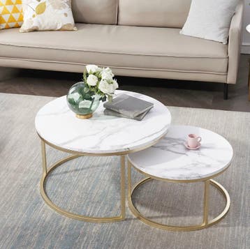 Nieuw 2-Delige Marmeren Textuur Salontafel Set – Goud en Wit, 50 tot 100 cm, Verzenden, Nieuw, 50 tot 100 cm
