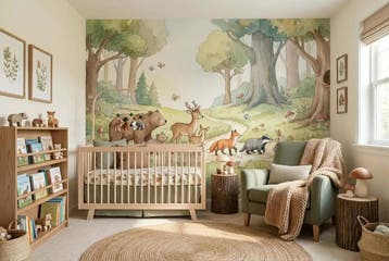 Bosdieren behang babykamer – fotobehang met dierenoptocht, Verzenden, Fotobehang