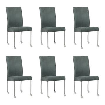 Set van 6 Leren eetkamerstoelen Comfort met wieltjes -, Ophalen of Verzenden, Nieuw, Leer