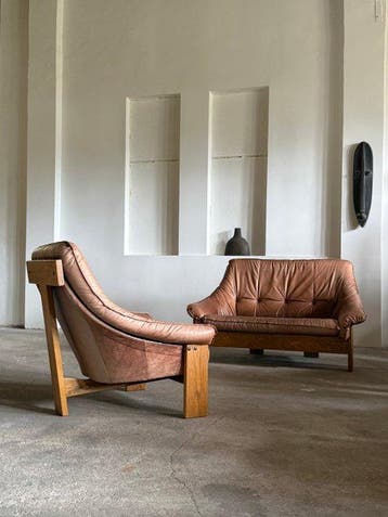 im Stil von Maison Regain - Zitgroep (2) - Leder, Eik -