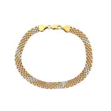 Tricolor gouden fantasieschakel armband (Schakelarmband), Ophalen of Verzenden, Gebruikt, Goud, Goud