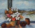 Scuola inglese (XX) - Interior with Floral Still Life, Antiek en Kunst
