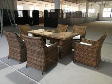Veiling - Diningset 7-delig - halfrond wicker - Bruin / grij, Nieuw
