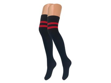 Overknee kousen - SQOTTON - Zwart-Rood - Gestreept, Verzenden, Nieuw
