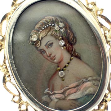 Vintage bicolor gouden hanger/broche met geschilderd port..., Ophalen of Verzenden, Gebruikt, Goud, Overige merken