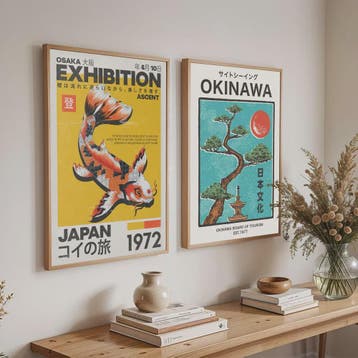 Japanse Koi Vis & Okinawa Vintage Poster - Japandi Wanddecor, Antiek en Kunst, Verzenden