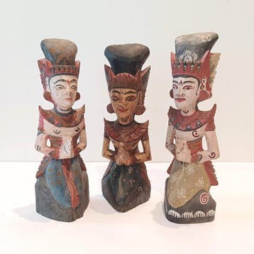3 × Wachter van de Tempel - Hout - Indonesië - 20e eeuw