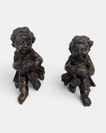 Beeld, Twee putti, 18e eeuw - 29 cm - Hout, Antiek en Kunst