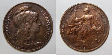 France Frankreich Km 842 5 Centimes 1910 Type Dupuis, Verzenden