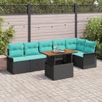 vidaXL Tuinbankenset met kussen 7 pcs Zwart en Blauw poly, Verzenden, Nieuw, Rotan, 7 zitplaatsen