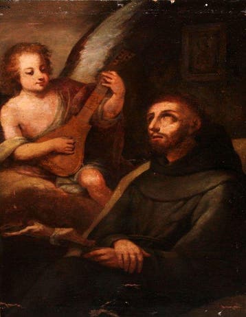 Spaanse school (XVIII) - Saint Francis with Angel - 18th, Antiek en Kunst, Kunst | Schilderijen | Klassiek