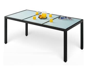 Polyrotan Tuintafel Zwart 190x90x75cm glas (Tafels), Verzenden, Nieuw
