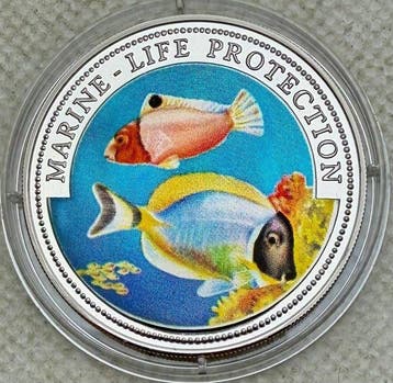 Liberia. 5 Dollars 1997 Marine-Life Protection , plata 999