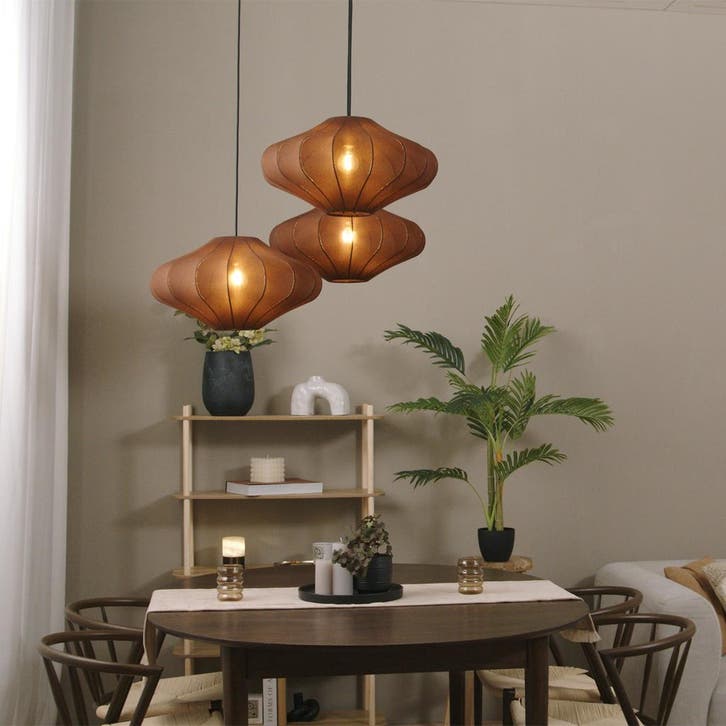 Japandi hanglamp bruin 50cm 3-lichts - Plu, Huis en Inrichting, Lampen | Hanglampen, Nieuw, Stof, Verzenden