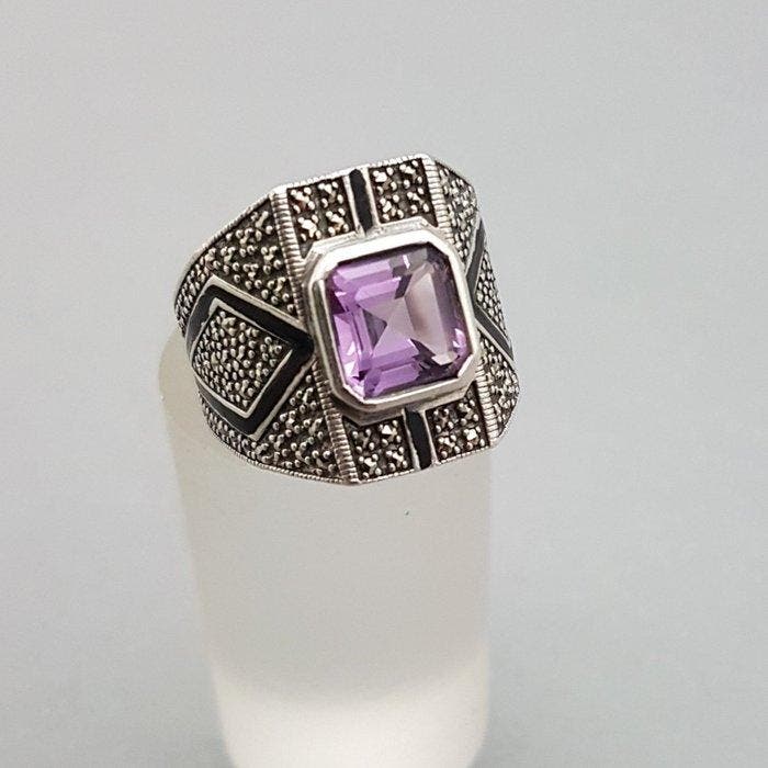 Zilver, Art Deco, Amethist(Getest) - Ring - + zwarte, Antiek en Kunst, Kunst | Designobjecten