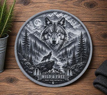 Rond wolven wandbord 25 cm – aluminium Dibond – voor buiten, Eigen ontwerp, Vintage, Nieuw, Wandbord of Wandpaneel