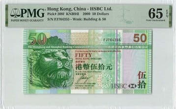 2009 Hong Kong 50 Dollars Pick 208f Pmg Gem Unc 65 Epq, Verzenden