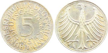 5 Dm Duitsland 5 duitse Mark 1951 D stempelglanz 38751d-1..., Verzenden