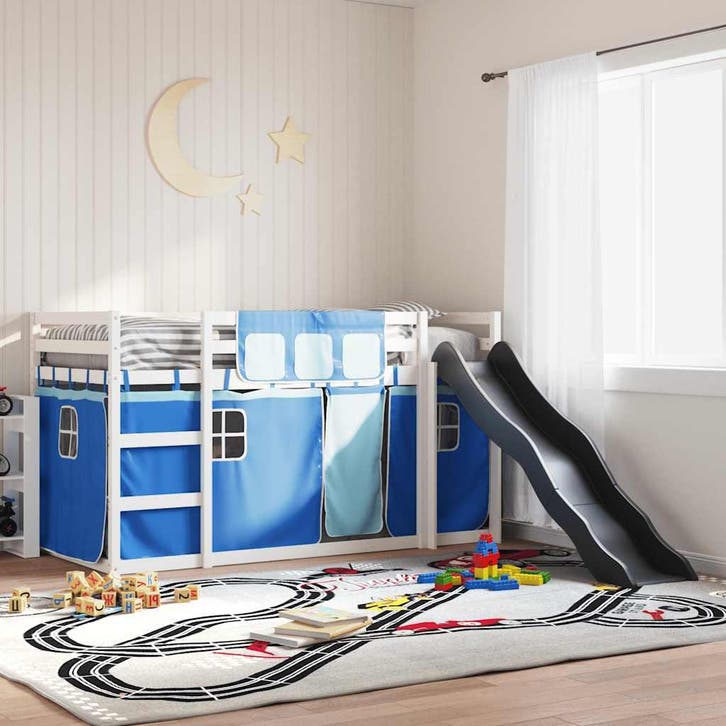 vidaXL Stapelbed met glijbaan en gordijnen blauw 90x200 cm, Huis en Inrichting, Slaapkamer | Bedden, 90 cm, 200 cm, Blauw, Eenpersoons