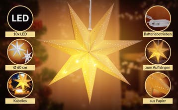 Kerstster Papier LED Crème Ø60cm 7 Punten Gaatjes, Diversen, Kerst, Verzenden, Nieuw