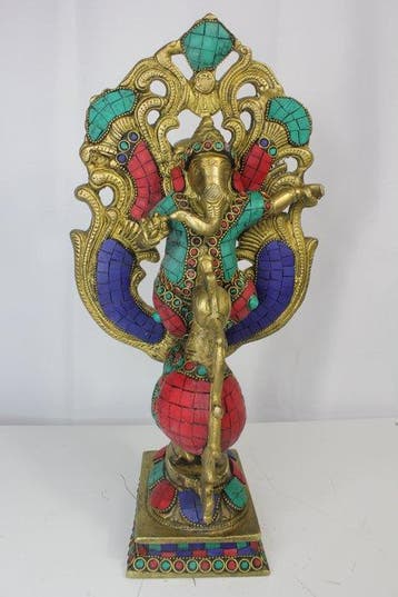 Ganesha met pauw– brons met gekleurde mozaïeinlagen – 34 cm
