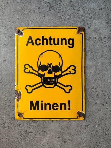 Pas op voor mijnen! - World War II - Emaille bord - Emaille,, Antiek en Kunst, Antiek | Wandborden en Tegels