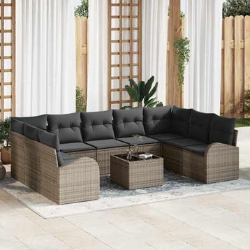vidaXL Bankstel 10 st 9-zits Grijs poly rattan, Verzenden, Nieuw, Meer dan 8 zitplaatsen