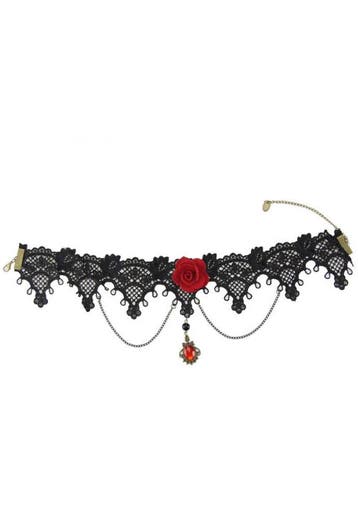 KIMU® Choker Zwart Kant met Kettinkjes Roos en Rode Steen Ka, Kunststof, Verstelbaar, Zwart, Nieuw