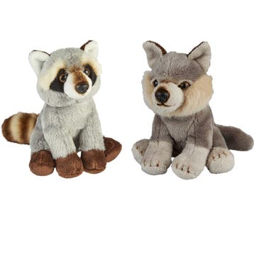 Bosdieren knuffelset - pluche - wasbeer en wolf - 15 cm, Verzenden, Nieuw