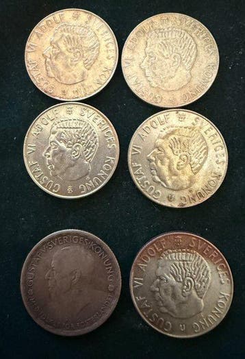 Zweden. Gustaf VI Adolf. 1 Krona 6x 1945/1967 (Zonder