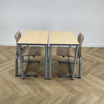 complete schoolset van 8 stoelen + 8 tafels, ahorn - grijs, Ophalen of Verzenden, Gebruikt, Hout, Eén