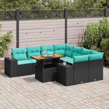 vidaXL 9-delige Loungeset met kussens poly rattan zwart, Tuin en Terras, Verzenden, Nieuw, Loungeset