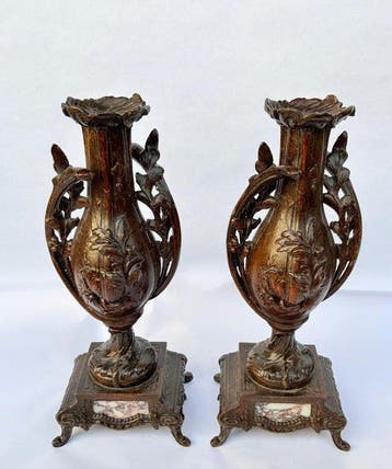 Antieke bronzen vaas met roze marmer. - Brons - Frankrijk -
