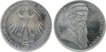 5 Mark Duitsland 5 Dm Gutenberg 1968 G Polierte Platte vo..., Verzenden
