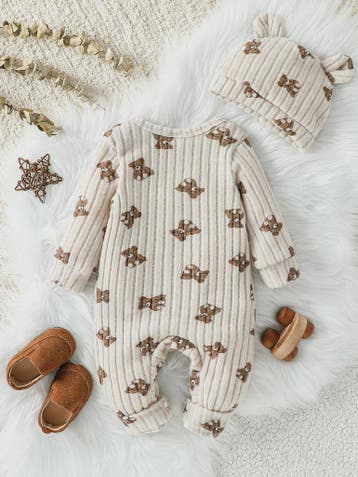Unisex Baby Romper met Muts - Beige Beerprint - Lange Mouwen, Verzenden, Nieuw