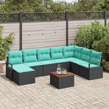 vidaXL Tuinbankenset met kussen 9 pcs Zwart poly rattan, Verzenden, Nieuw, Rotan, Meer dan 8 zitplaatsen