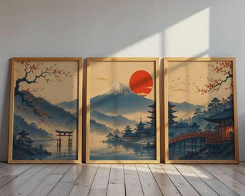Set van 3 Japanse Muurkunst Prints: Fuji, Torii Poort & Pago, Verzenden, Nieuw