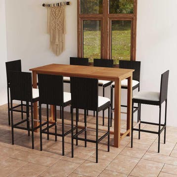 vidaXL 9-delige Tuinbarset met kussens zwart, Verzenden, Nieuw, Hardhout, 8 zitplaatsen