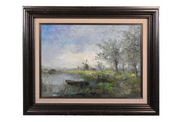 Polderlandschap met molens - John Bévort (1916 - 1996), Ophalen, Doek, Impressionistisch, Landschap
