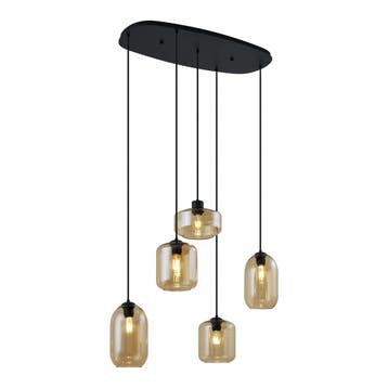 Moderne hanglamp zwart met amber glas 5-lichts - Sheena, Verzenden, Nieuw, Metaal, Modern