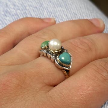 Gouden en zilveren ring met aventurijn, parel en turquoise, Gebruikt, 19 tot 20, Ophalen of Verzenden, Met edelsteen