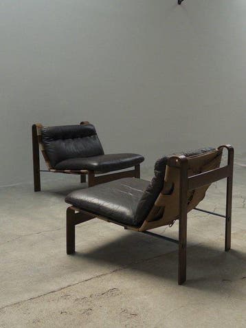 Carl Straub - Fauteuil (2) - Leder, Hout, Canvas