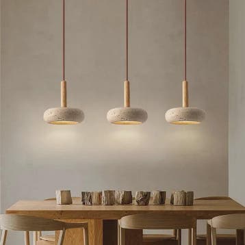 Wabi Sabi Hanglamp Rond Geel Steen met Hout - Sfeervolle LED, Huis en Inrichting, Lampen | Hanglampen, Verzenden, Nieuw