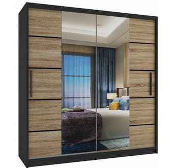 Kledingkast zwart licht eiken 158 cm breed met spiegel en..., Huis en Inrichting, Kasten | Kledingkasten, Met lade(s), 150 tot 200 cm
