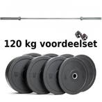 Halterstang inclusief bumper plates 120 kg - Halterset, Sport en Fitness, Nieuw, Benen, Halterset