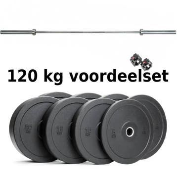 Halterstang inclusief bumper plates 120 kg - Halterset, Nieuw, Benen, Halterset