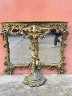 Wandtafel - Hout, Marmer, Glas - Gouden console met